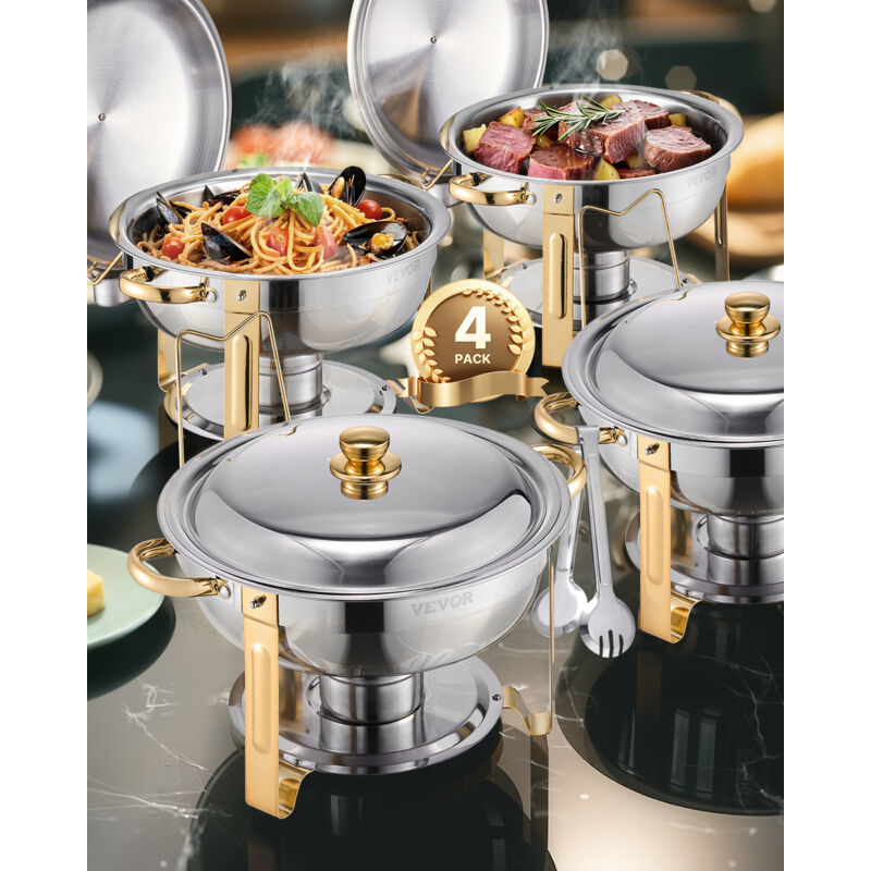 VEVOR Chafing Dish Buffet Speisenwärmer mit 4 Behältern in voller Größe (4,7 L pro), runder Catering-Wärmespender mit Deckel & Wasserpfanne &