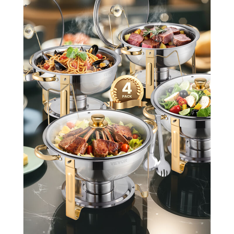 VEVOR Chafing Dish Buffet Speisenwärmer mit 4 Behältern in voller Größe (4,7 L), runder Catering-Wärmespender mit Glasdeckel & Wasserpfanne &