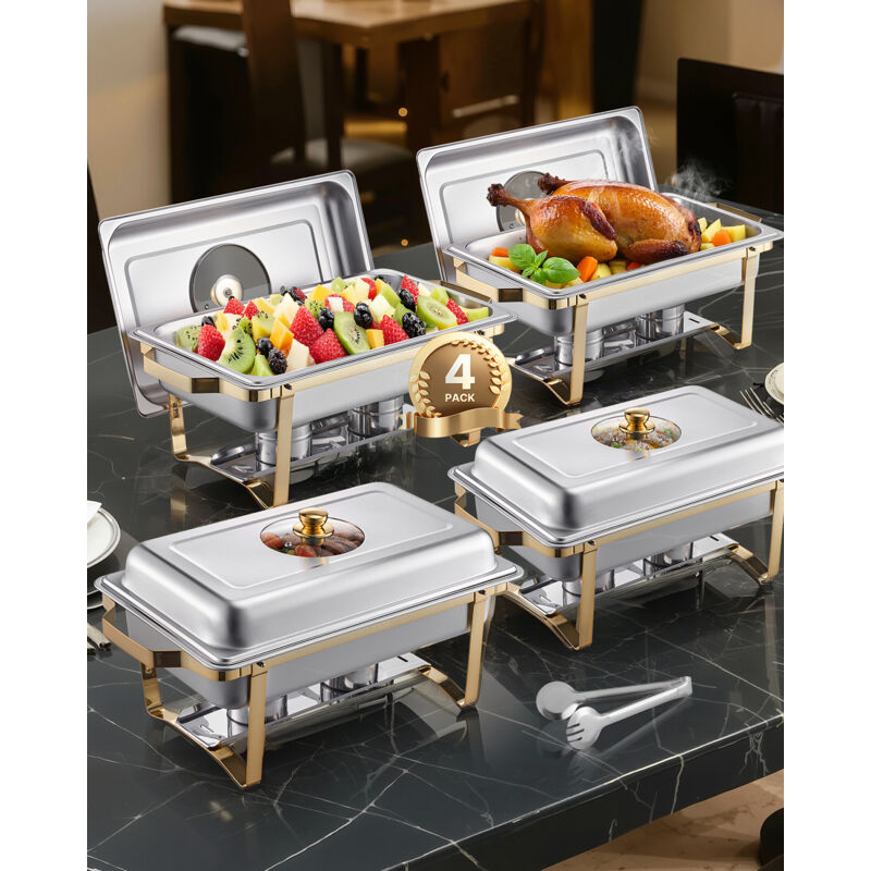 Chafing Dish Set Speisenwärmer Edelstahl mit 4 Behältern in voller Größe (7,5 l pro), rechteckiger Wärmespender mit sichtbarem Deckel &