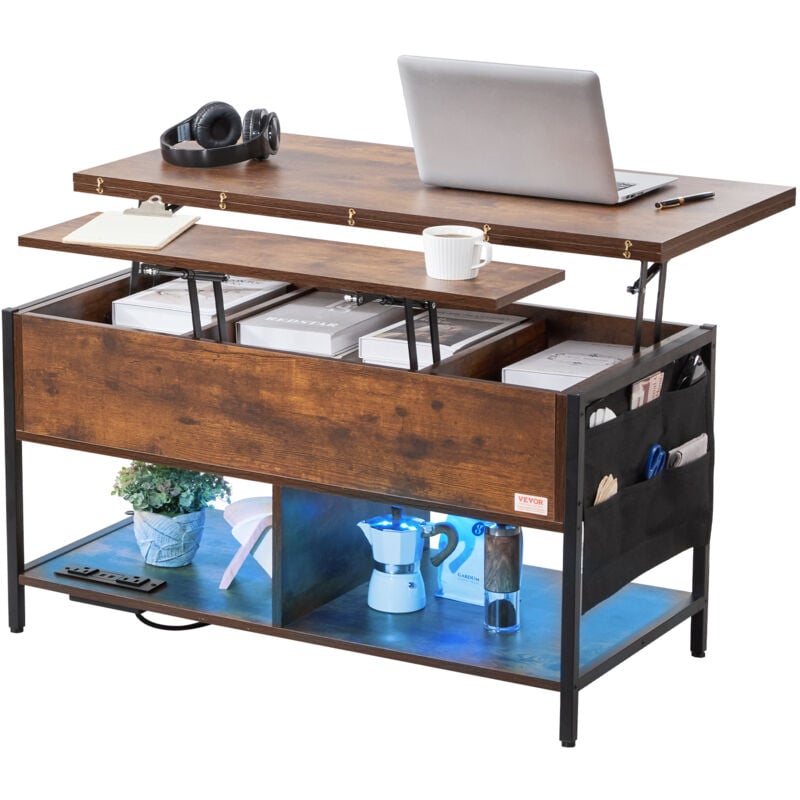 Couchtisch mit anhebbarer Platte, 39,4 Zoll großer rechteckiger Couchtisch mit zusätzlichen Aufbewahrungstaschen, umklappbarer Couchtisch mit