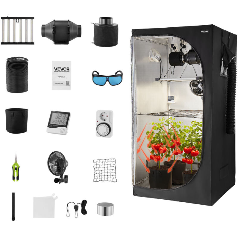 VEVOR Growzelt-Set, 100x100x200 cm, Gewächshauszelt mit Vollspektrum-LED-Zuchtlicht & Belüftungssystem, Pflanzenzelt 600D hochreflektierendes Mylar,