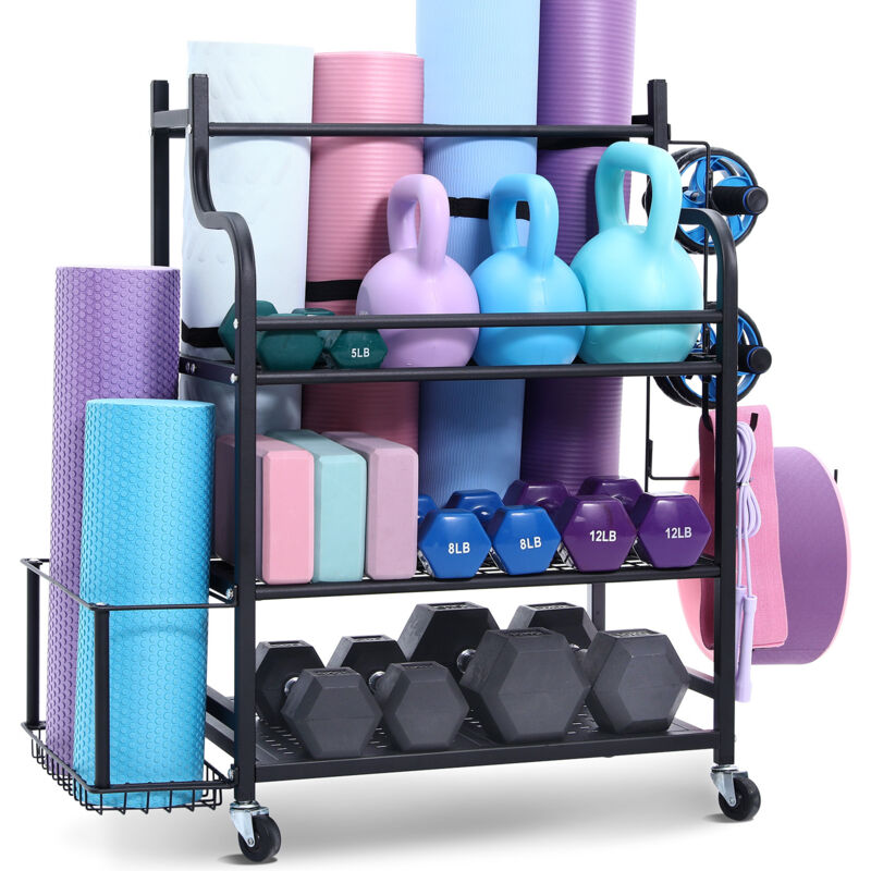 VEVOR Heimgymnastik Aufbewahrungsregal Aufbewahrungsständer Yogamattenhalter (3 Schichten), Yogamatten Gewichtheben Rack mit Rädern & Haken, Hantel
