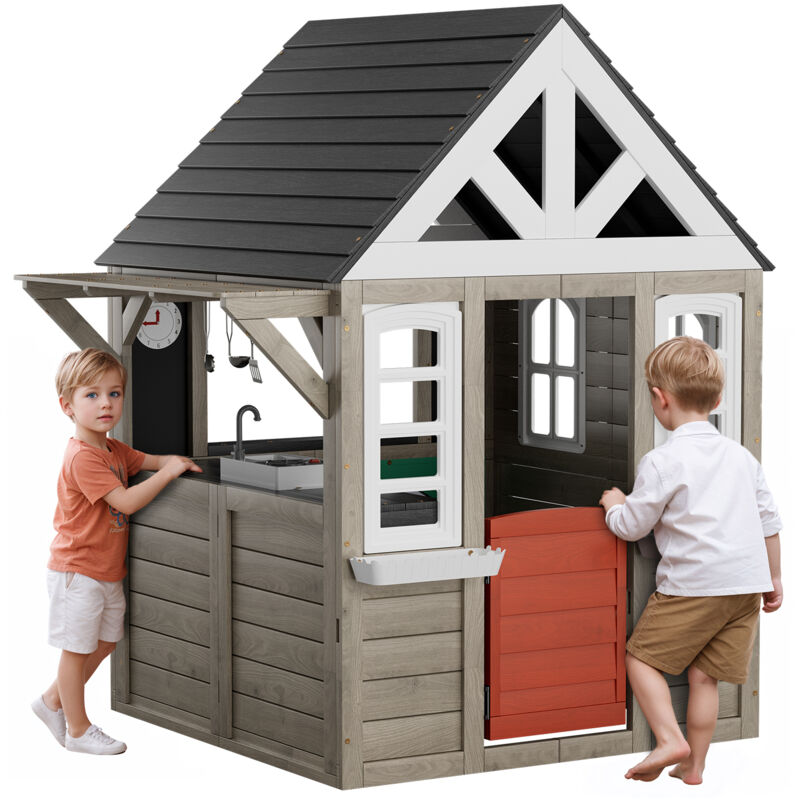 Holzspielhaus Kinderspielhaus, Gartenhaus für Kinder ab 2 Jahren, Gartenspiele-Hütte, Spielhaus aus Zedernholz im Landhausstil mit Tür, Fenster,