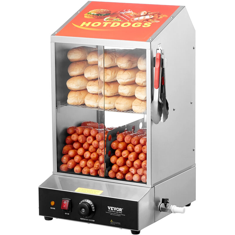 Hot Dog Dampfgarer, 37L, 2-stufiger Hot Dog Hütten-Dampfgarer, 30℃85℃ Temperaturregelung, elektrischer Brötchenwärmer mit Schiebetüren aus gehärtetem