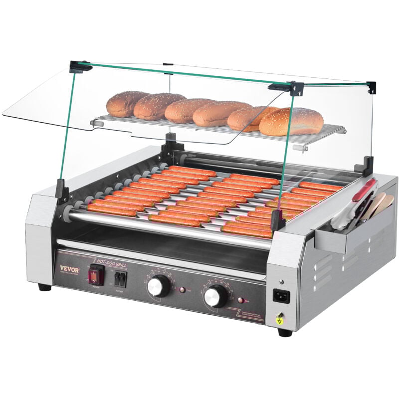 Hot Dog Grill Maschine Hot dogs 11 Rollen Edelstahl, 2200 w, Elektrogrill mit Abdeckung & 2 Temperaturregler & seitlicher Aufbewahrungsbox &