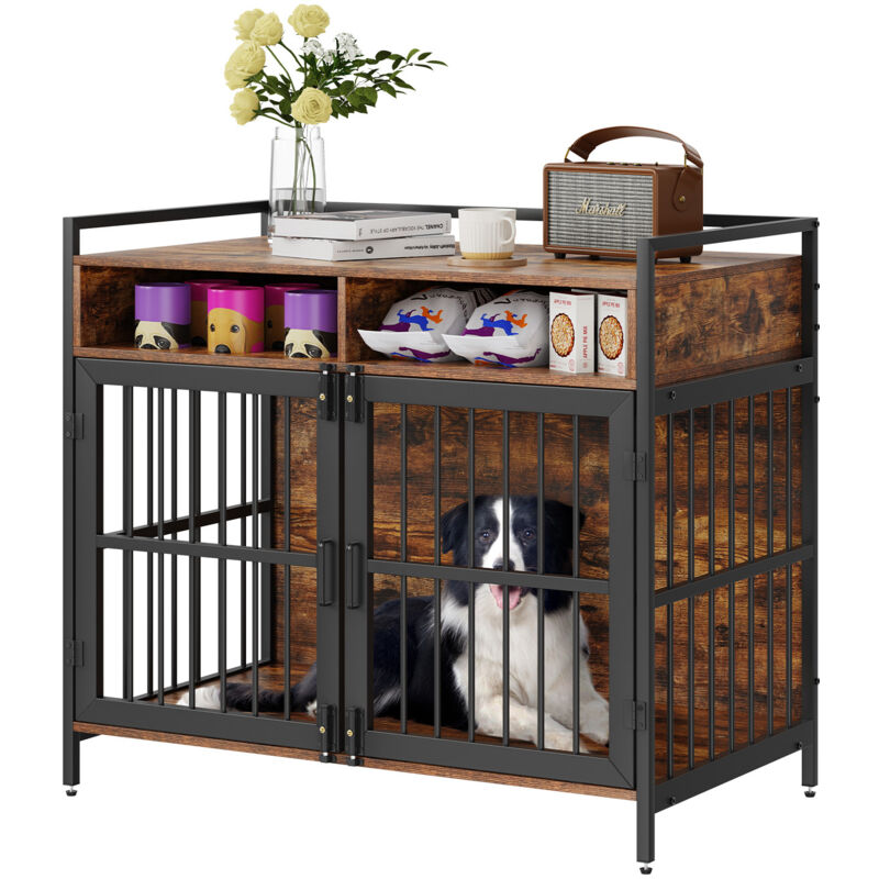 Hundekäfig 1041x599x919mm Hundebox aus Karbonstahl-Rahmen und P2 Spanplatte Vintage Beistelltisch Drahtkäfig Haustierkäfig mit Doppeltür-Design