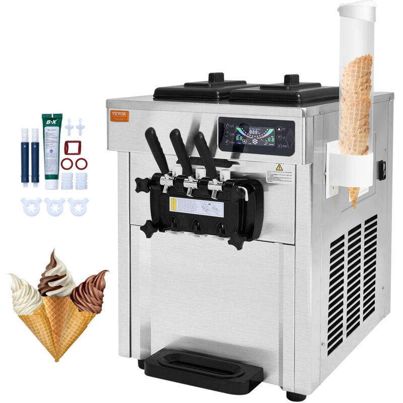 Kommerzielle Eismaschine 18–28 L/h, 3 Geschmacksrichtungen, Italienische Eismaschine, 2 x 5,5 l Trichter, LCD-Panel, Automatische Vorkühlung,