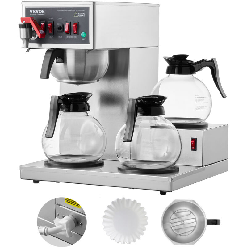 Kommerzielle Filterkaffeemaschine für 12 Tassen Kaffeemaschine mit 3 Glaskaraffen & 3 Warmhalteplatten, Übergieß-Kaffeemaschine aus Edelstahl für