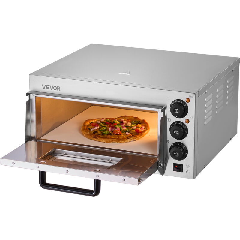 Kommerzieller Pizzaofen für die Arbeitsplatte, 16 Zoll große Einzeldeckschicht, elektrischer Pizzaofen aus Edelstahl mit Stein und Griff,