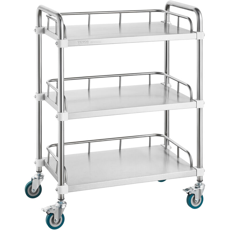 Labor-Rollwagen, Rollwagen aus Edelstahl mit 3 Ablagen, Labor-Servierwagen mit Lenkrollen, Servierwagen Dentalwagen für Klinik, Labor, Krankenhaus,