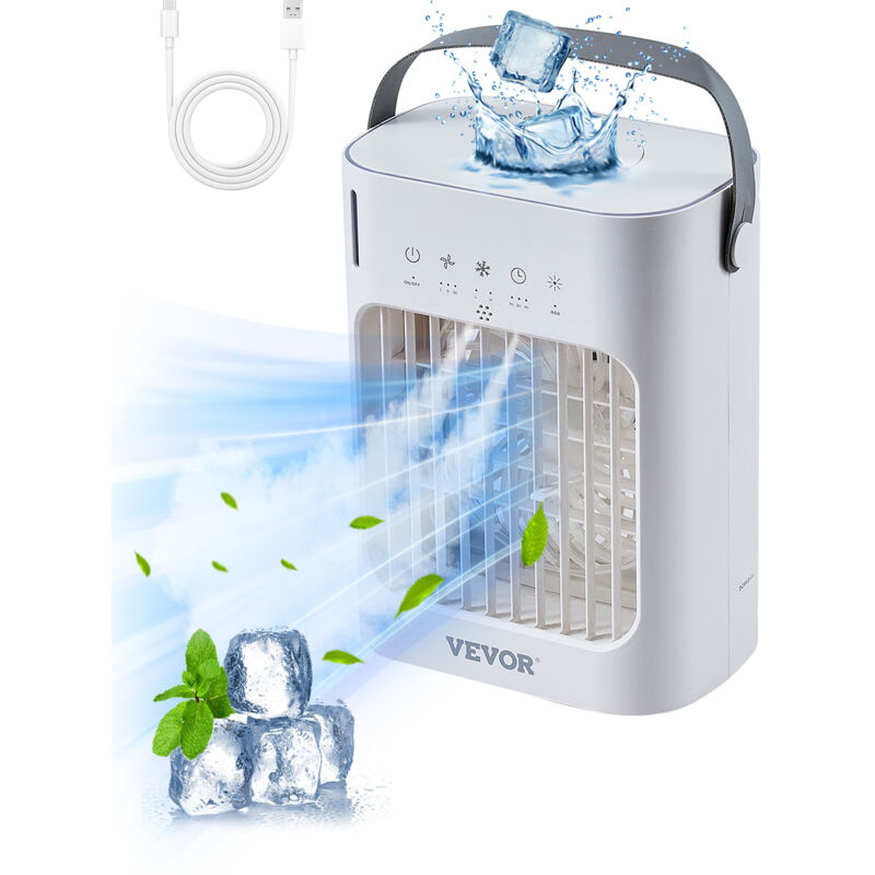Mobile Klimaanlage, 4-in-1-Luftkühler, 3-Gang-Mini-Aircooler mit 0-7-Stunden-Smart-Timer, 700-ml-Wassertank, 7-Farben-Licht, persönlicher