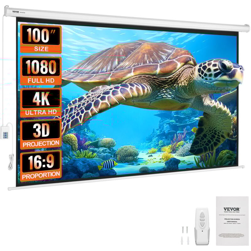 Vevor motorisierte Projektor-Leinwand, 100 Zoll 16:9 4K 1080 hd elektrische Projektor-Leinwand, automatische Projektionswand mit Fernbedienung,