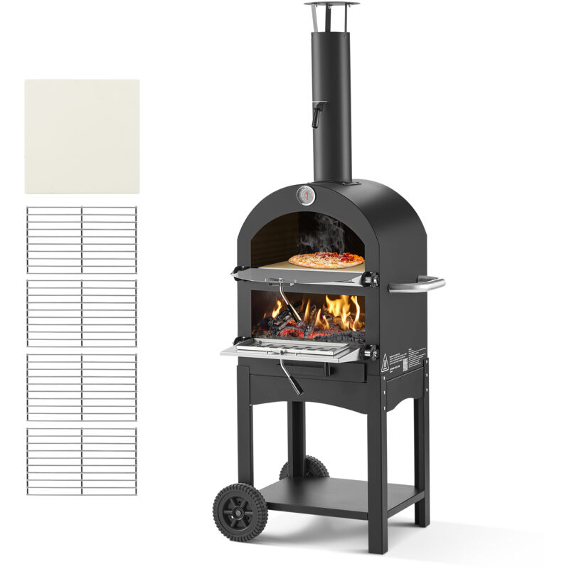 VEVOR Pizzaofen 12 Zoll Pelletöfen, 2-lagiger Pizzaofen mit Holzfeuerung, Holzbefeuerter Ofen Outdoor mit 2 abnehmbaren Rädern, Pizzamaker mit