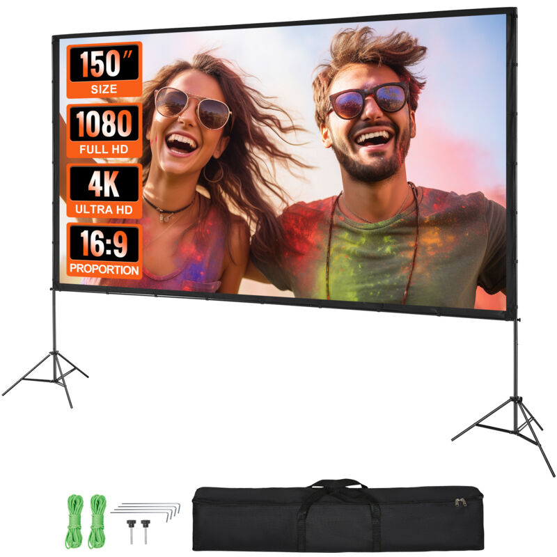 VEVOR Projektion Beamer Leinwand mit Ständer 150 Zoll HD 4K Outdoor Indoor Projektor Screen Schnelles Klappbare Tragbare Filmleinwand 16: 9 für