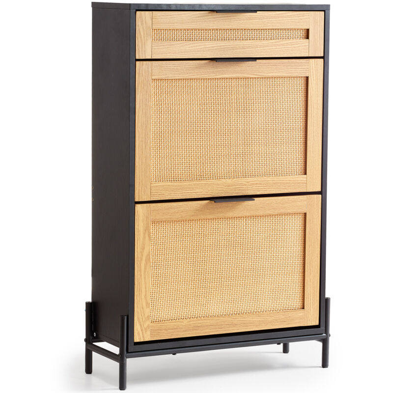 Schuhschrank Schuhkommode aus Rattan mit 2 Klappschubladen & 1 Ausziehschublade, Metallbeine, schmaler Schuhschrank ideal für Eingangsbereich Diele