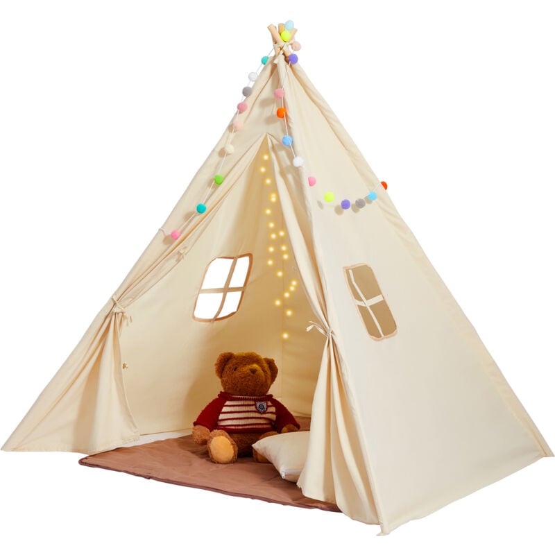 Spielzelt Kinder, Tipi-Zelt für Kinder 1–5 Jahre, Kleinkinderzelt mit Matte und dekorativen Plüschbällen, Zelt für Kinder mit Fenstern für drinnen &