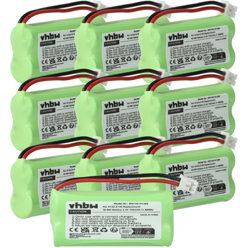 vhbw 10x Akku Ersatz für 55AAAHR2BMX, C30852D1640X1, 220382C1, 220436C1, 41AAAH2BMX für schnurlos Festnetz Telefon (700 mAh, 2,4 V, NiMH)