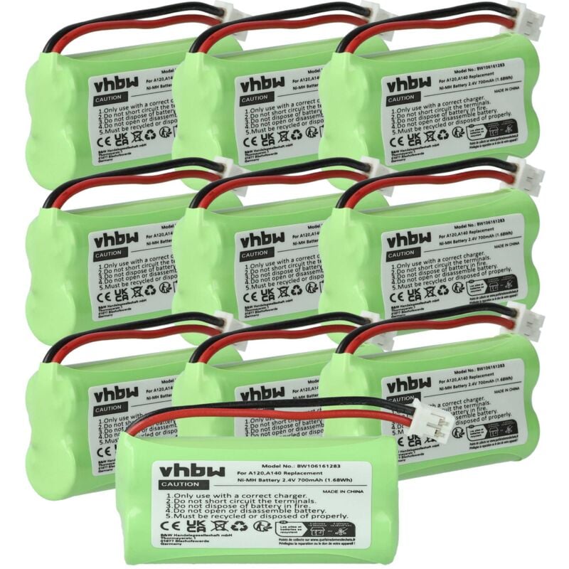 Vhbw - 10x Akku kompatibel mit Siemens Gigaset AS140 duo, AS140, AS14, AS145, AL14H, AL145 duo schnurlos Festnetz Telefon (700 mAh, 2,4 v, NiMH)