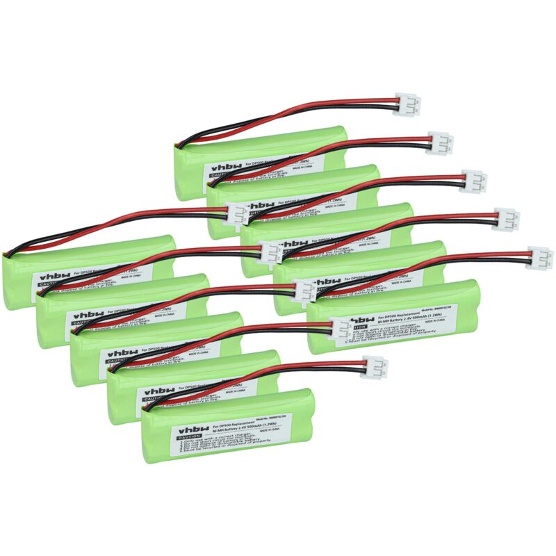 Vhbw - 10x Akku kompatibel mit Audioline Monza 480, 482 schnurlos Festnetz Telefon (500 mAh, 2,4 v, NiMH)