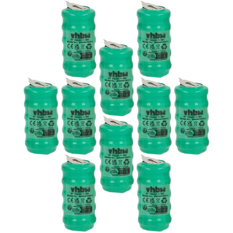 vhbw 10x NiMH Ersatz Knopfzellen-Akku Typ V80H 2-Pins 80mAh 6V kompatibel mit Modellbau-Akkus, Solar-Leuchten uvm.