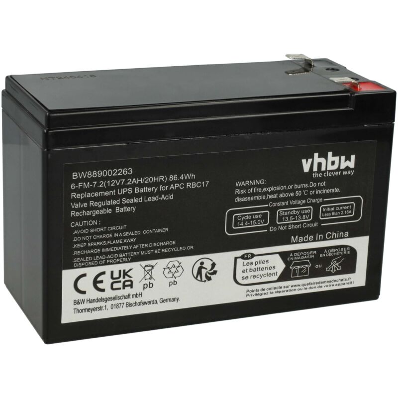 Vhbw - 1x Akku kompatibel mit apc BE650G, BE650BB-CN, Back-UPS es, BE650R, Back-UPS cs, Back-UPS, BE650BB, 515-970 usv (7,2 Ah, 12 v, agm)