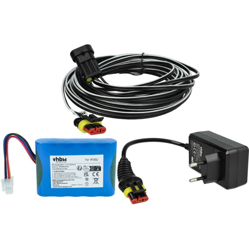 vhbw 1x Netzteil, 1x 3000 mAh Akku, 1x 10 m Niederspannungskabel kompatibel mit McCulloch ROB R1000 (2017), R600 (2017) Rasenmäher