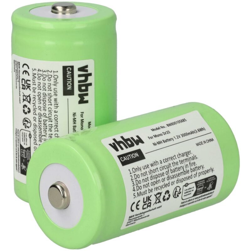 Vhbw - 2x Akku Ersatz für HR20, d, LR20, KR20, R20, Mono für Funkgeräte mit UKW-Radio (3000 mAh, 1,2 v, NiMH)