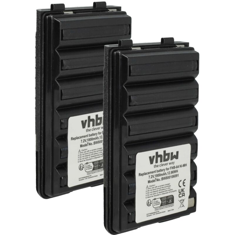 vhbw 2x Akku Ersatz für Yaesu / Vertex FNB-V67Li, FNB-V94, FNB-V83, FNB-V88 für Funkgerät, Walkie Talkie (1800 mAh, 7,2 V, NiMH)