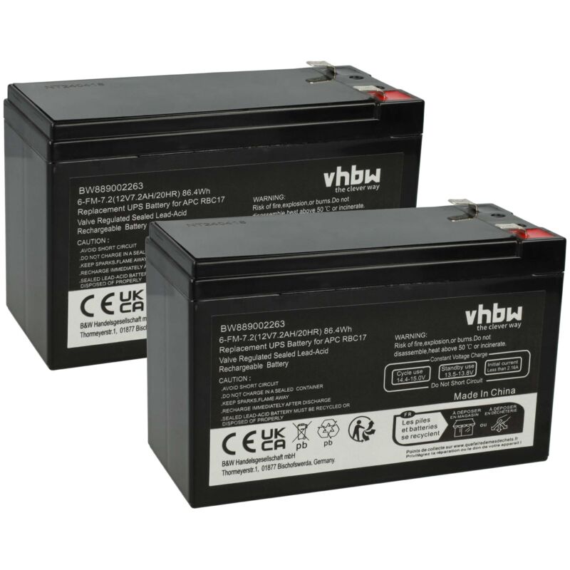 vhbw 2x Akku kompatibel mit APC BE650G, BE650BB-CN, Back-UPS ES, BE650R, Back-UPS CS, Back-UPS, BE650BB, 515-970 USV (7,2 Ah, 12 V, AGM)
