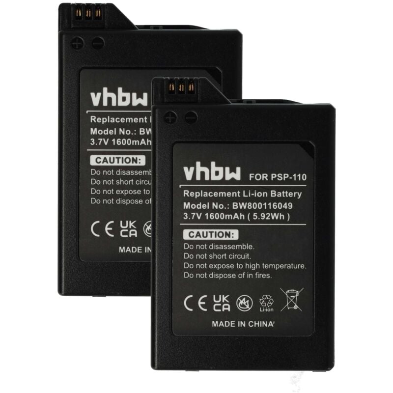 Vhbw - 2x Akku kompatibel mit Sony PSP-1006, PSP-1004, PSP-1000KCW, PSP-1001 Spielekonsole (1600 mAh, 3,7 v, Li-Ion)