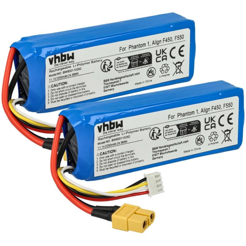 vhbw 2x Akku kompatibel mit Walkera Runner 250 Drohne Multicopter Quadrocopter (2250 mAh, 11,1 V, Li-Polymer)
