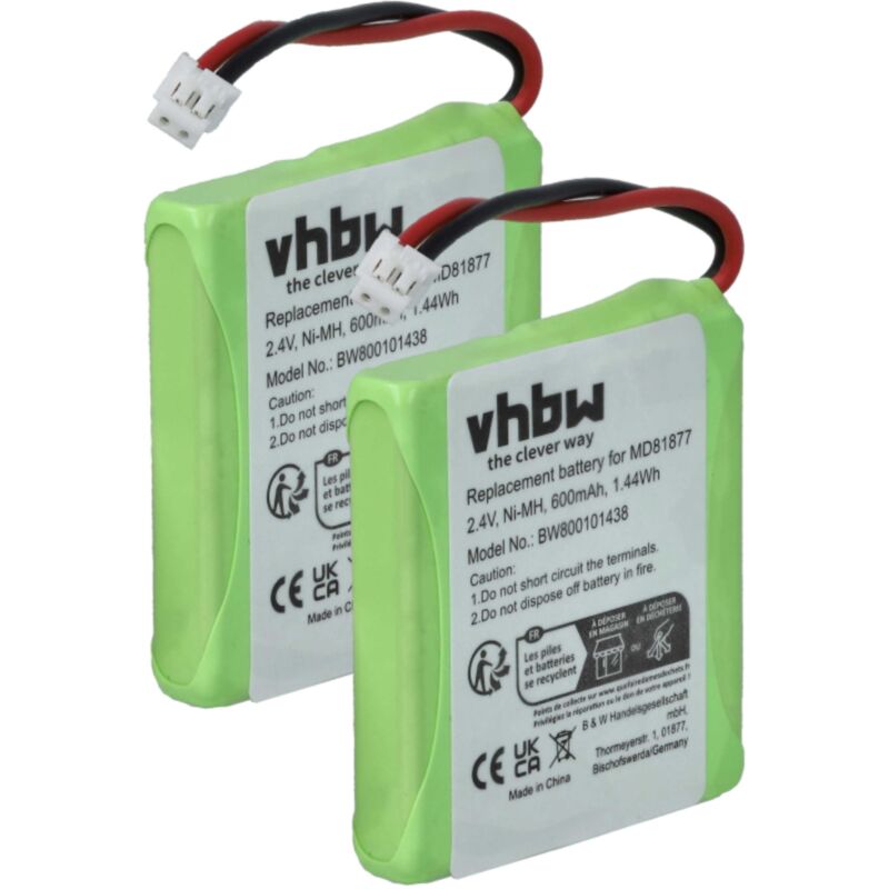 vhbw 2x NiMH Akku 600mAh (2.4V) kompatibel mit schnurlos Festnetz Telefon Medion MD81877, MD82711, MD82772, MD82877 Ersatz für 5M702BMX, GP0827,