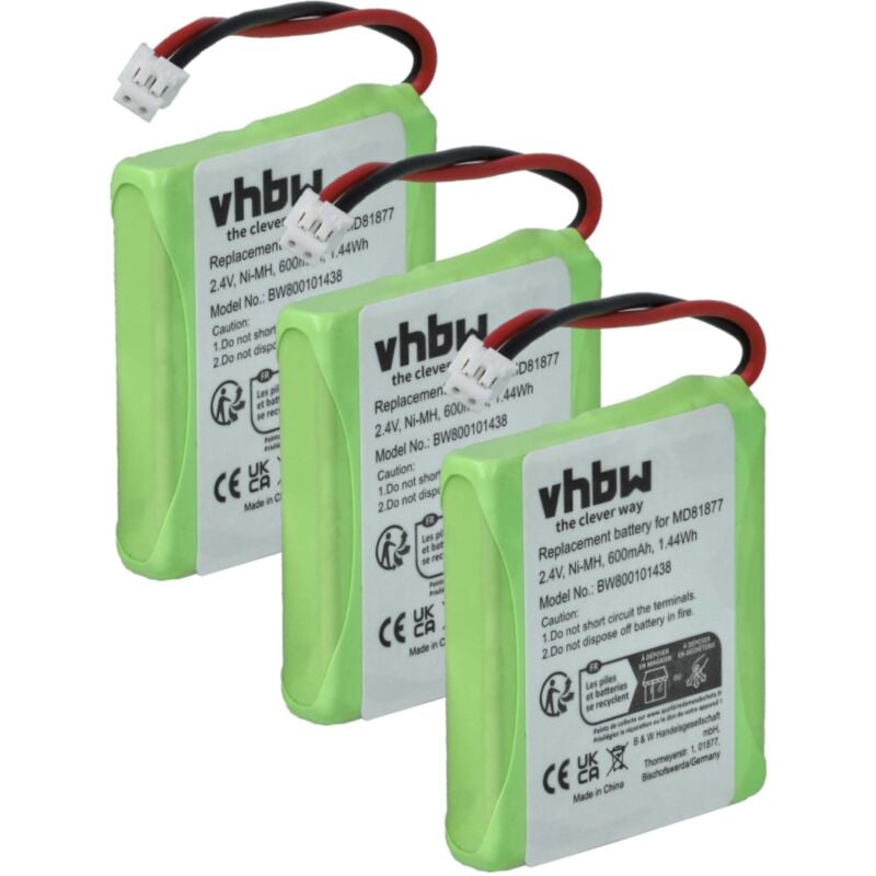 vhbw 3x Akku kompatibel mit Doro TH50, TH55, TH60, TH65 schnurlos Festnetz Telefon (600 mAh, 2,4 V, NiMH)