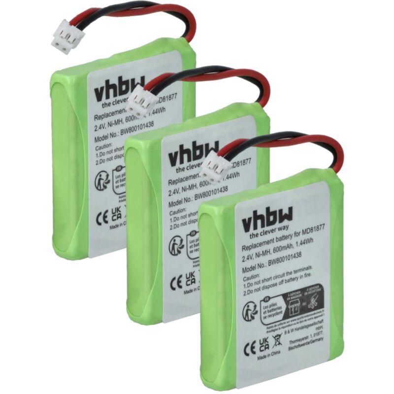 Vhbw - 3x Akku kompatibel mit Medion Slim dect 500 schnurlos Festnetz Telefon (600 mAh, 2,4 v, NiMH)