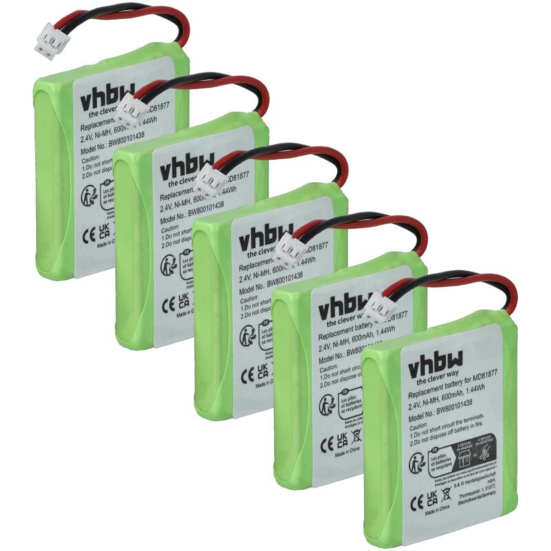 Vhbw - 5x Akku kompatibel mit Audioline slim dect 500, dect 502, dect 580, dect 582, dect 502 Duo schnurlos Festnetz Telefon (600 mAh, 2,4 v, NiMH)