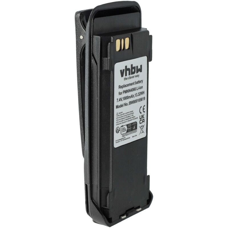 vhbw Akku Ersatz für Motorola PMNN4103A, PMNN4466A, PMNN4102A für Funkgerät, Walkie Talkie (1800 mAh, 7,4 V, Li-Ion) + Gürtelclip