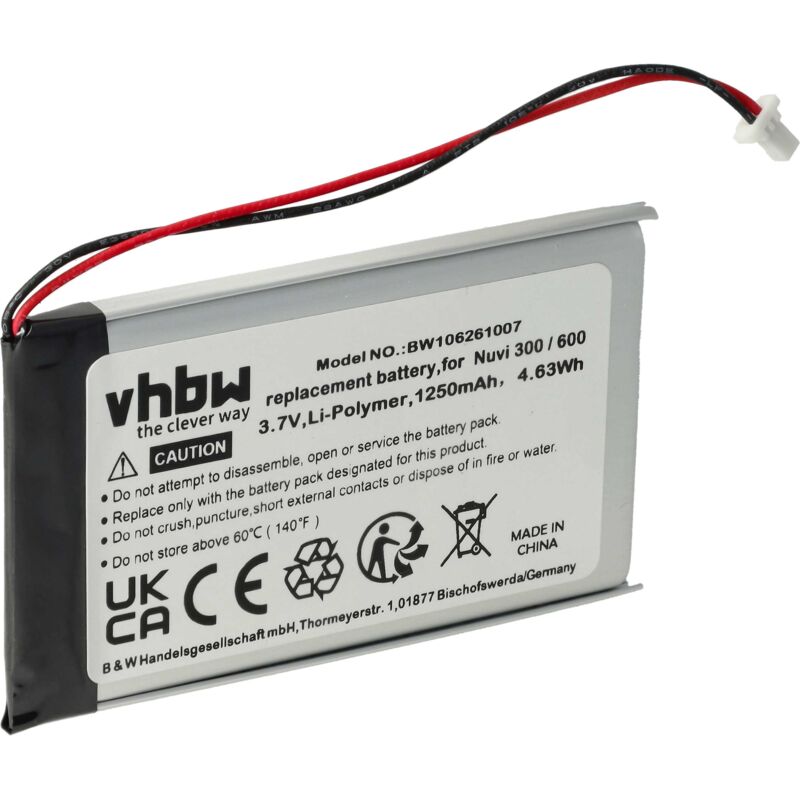 Vhbw - Akku kompatibel mit Garmin Nüvi 350, 310t, 360, 350t, 370, 360t, 300, 310, 300t gps Navigation Navi (1250 mAh, 3,7 v, Li-Polymer)
