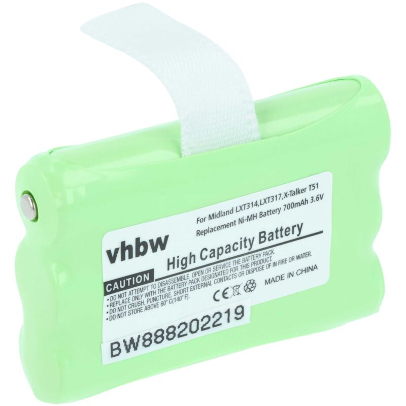 Vhbw - Akku kompatibel mit Midland LXT276, LXT314, LXT317, LXT318, LXT319, LXT320, LXT322 Funkgerät, Walkie Talkie (700mAh, 3,6V, NiMH)