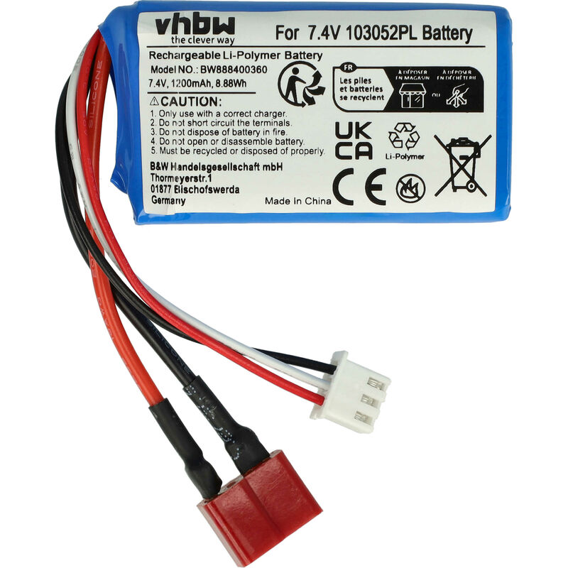 vhbw Akku kompatibel mit T-Stecker für Modellbau z.B. Racing Car, Helikopter, Flugzeug (1200mAh, 7,4V, Li-Polymer, 58 x 31 x 19 mm)