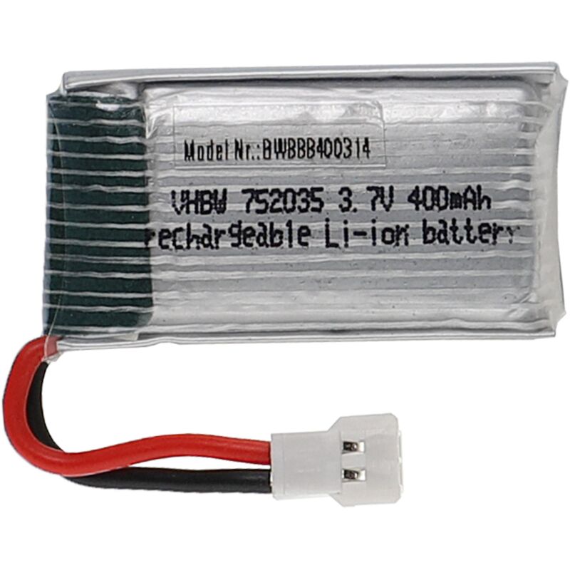 vhbw Akku kompatibel mit XH 2.54 2P Stecker für Modellbau z.B. Racing Car, Helikopter, Flugzeug (400mAh, 3,7V, Li-Polymer, 37 x 20 x 8 mm)