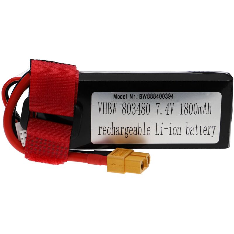 vhbw Akku kompatibel mit XT60 Stecker für Modellbau z.B. Racing Car, Helikopter, Flugzeug (1800mAh, 7,4V, Li-Polymer, 91 x 36 x 18 mm)