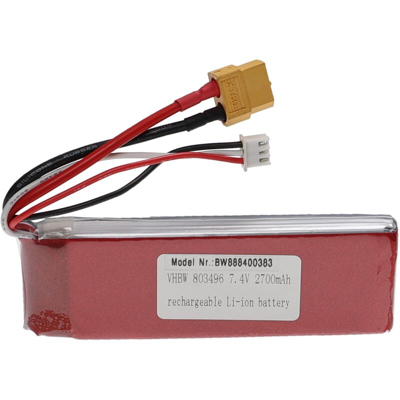 vhbw Akku kompatibel mit XT60 Stecker für Modellbau z.B. Racing Car, Helikopter, Flugzeug (2700mAh, 7,4V, Li-Polymer, 105 x 34 x 15 mm)