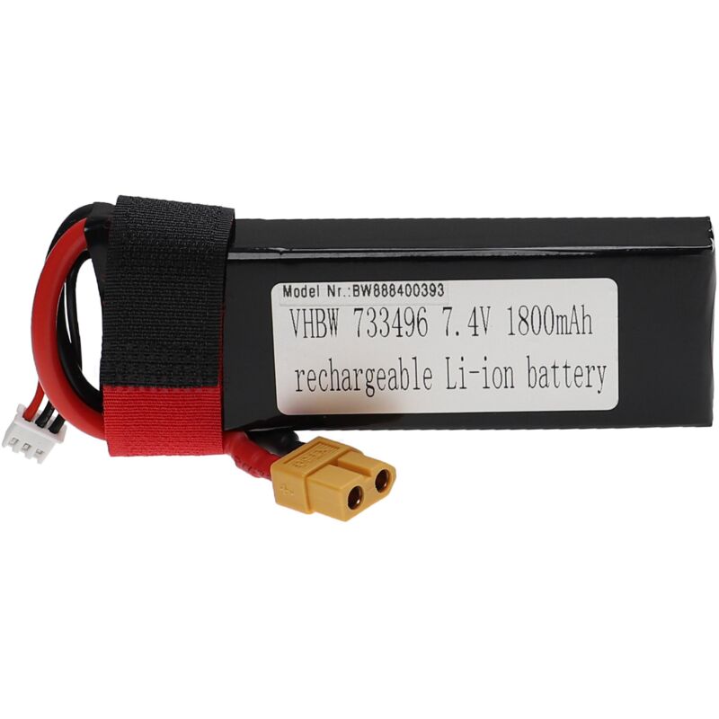 Vhbw - Akku kompatibel mit XT60 Stecker für Modellbau z.B. Racing Car, Helikopter, Flugzeug (1800mAh, 7,4V, Li-Polymer, 108 x 36 x 15 mm)