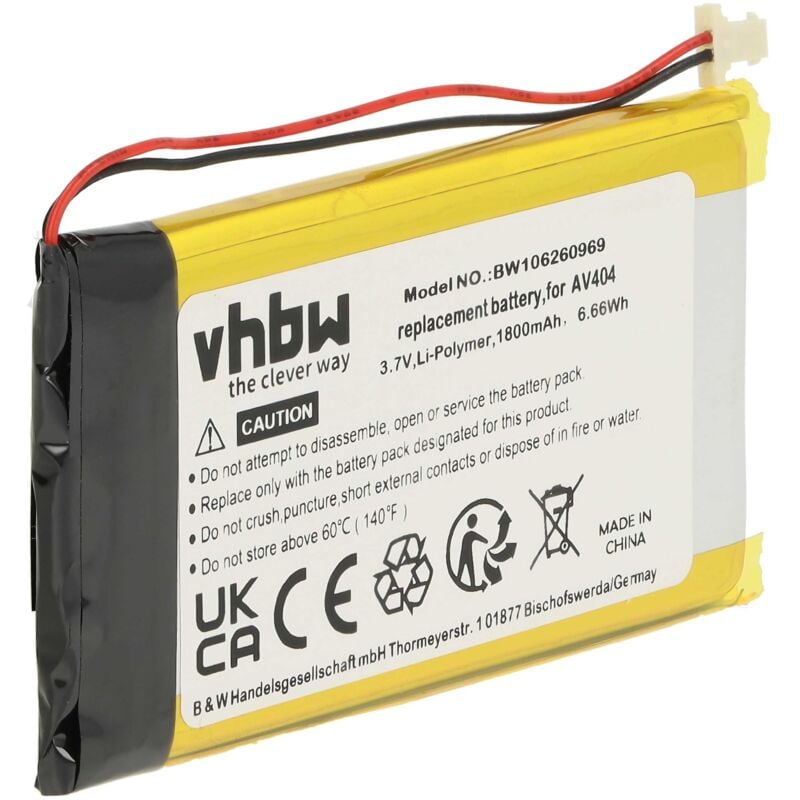 vhbw Akku kompatibel mit Archos AV404, AV 404, PMP MP3-Player Musik Player (1800 mAh, 3,7 V, Li-Polymer) - Ersatz für 104658V6, U0401031006, 261006