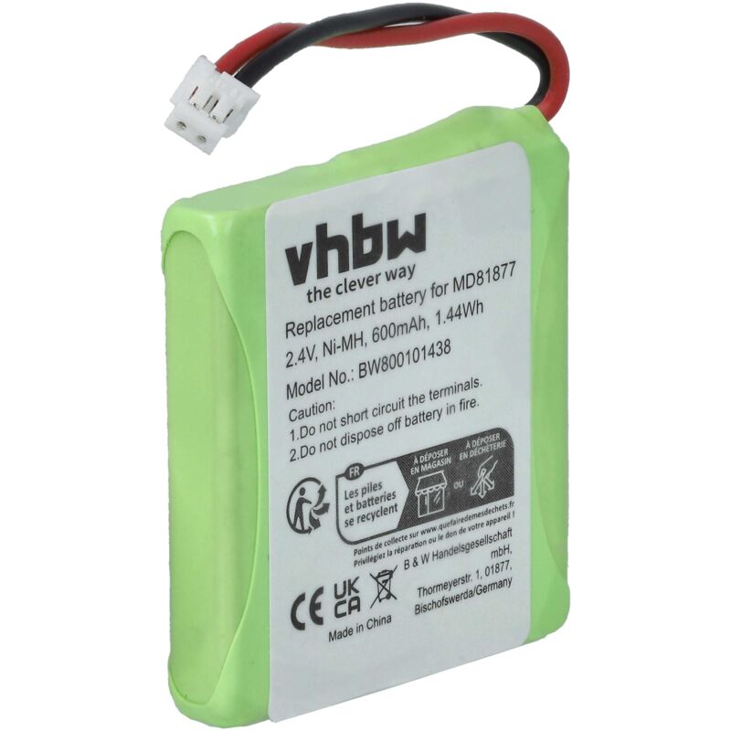 vhbw NiMH Akku 600mAh (2.4V) kompatibel mit schnurlos Festnetz Telefon TEXET TX-D7400 Ersatz für 5M702BMX, GP0827, GP0845, GPHP70-R05.