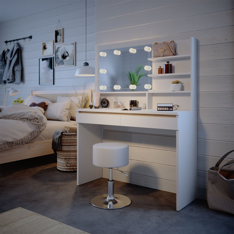 Schminktisch Emma, Weiß, 120 cm mit Spiegelregal, Hocker & LED-Beleuchtung Vicco