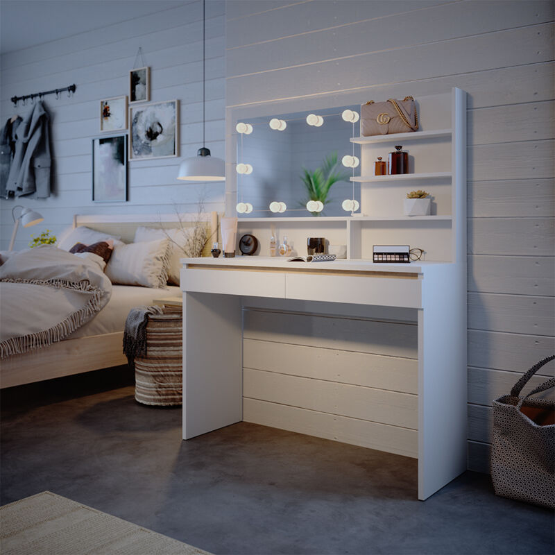 Schminktisch Emma, Weiß, 120 cm mit Spiegelregal und LED-Beleuchtung Vicco
