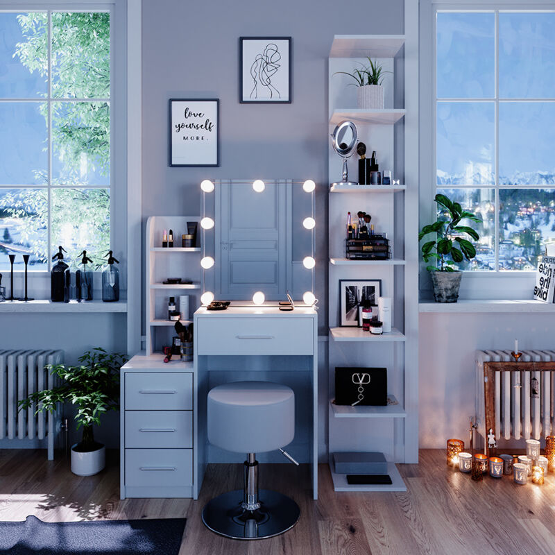 Schminktisch Conrada, Weiß, 80 cm mit led Beleuchtung und Hocker Vicco