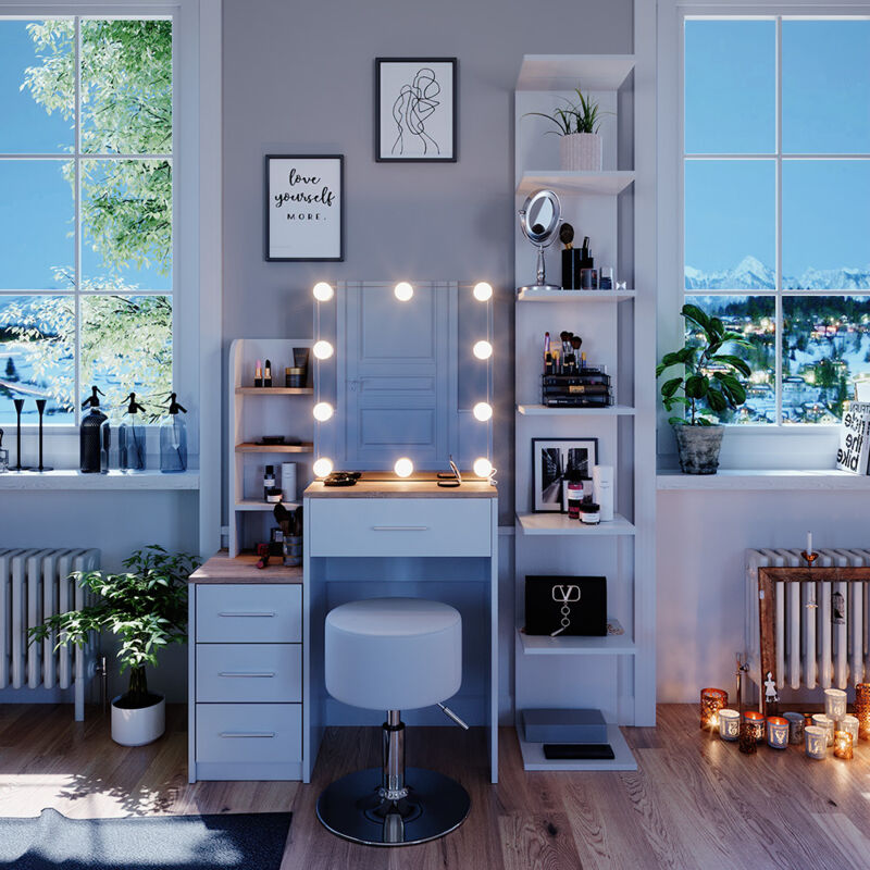 Schminktisch Conrada, Weiß/Sonoma, 80 cm mit led Beleuchtung und Hocker Vicco