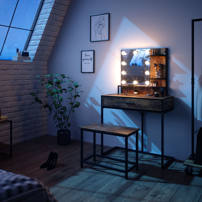 Schminktisch Fyrk, Antikholz, 80 cm mit LED Beleuchtung und Stuhl, Vicco